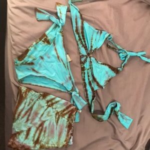 Lucky brand turquoise brown tie dye bikini 3 piece